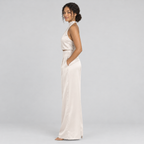 Champagne satin co-ord side profile with halter top and floor-length trousers