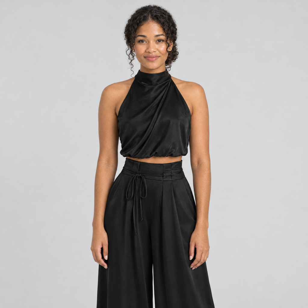 Black satin draped halter crop top and wide-leg trousers, front view on model