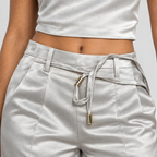 Metallic-look satin waistband detail with belt loops and drawstring tie