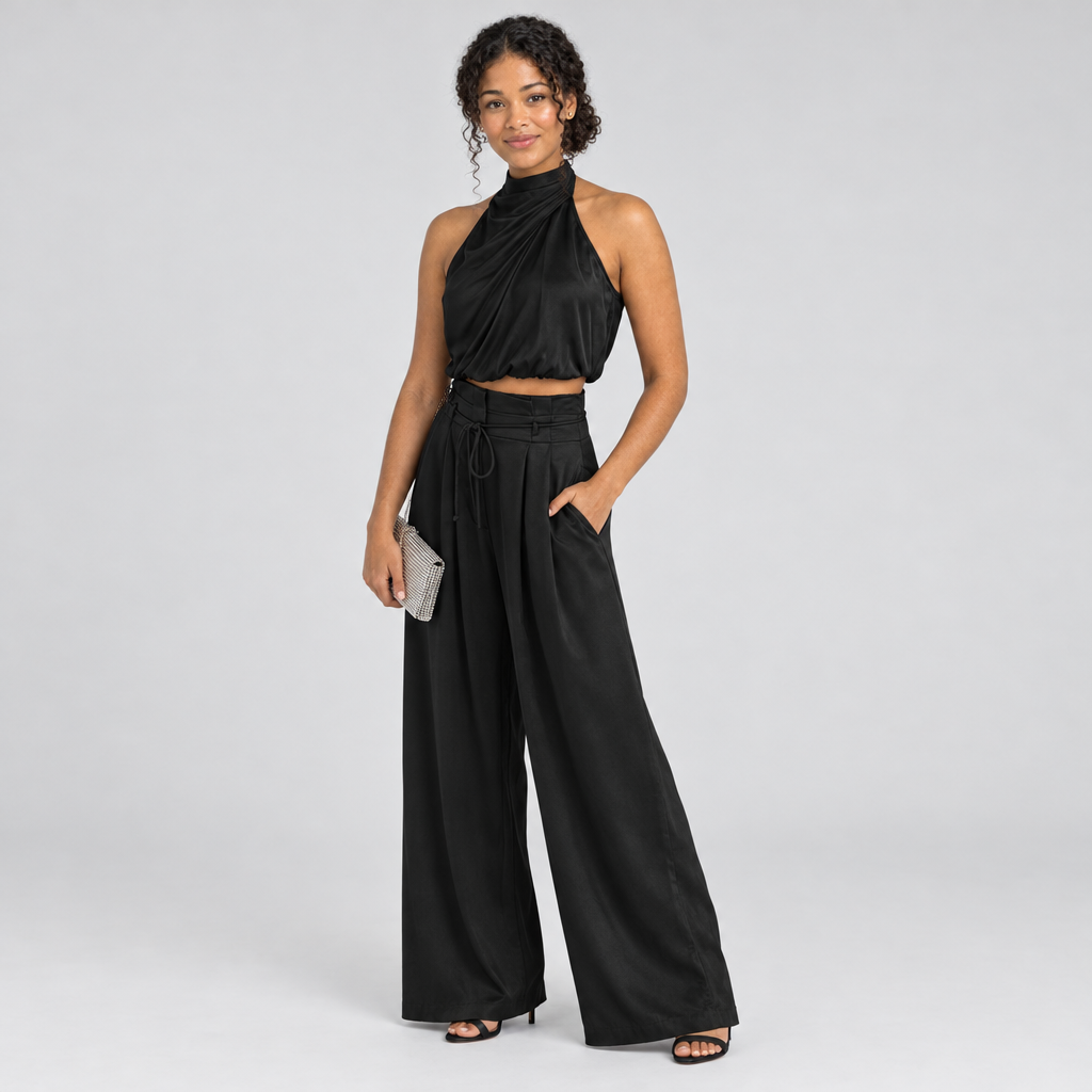 Black satin halter co-ord three-quarter view with silver clutch