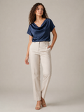 Navy draped-neck blouse with short sleeves, flowing cowl neckline top