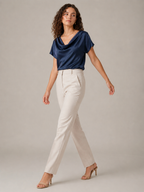 Navy satin-like draped-neck blouse with short sleeves and cowl neckline
