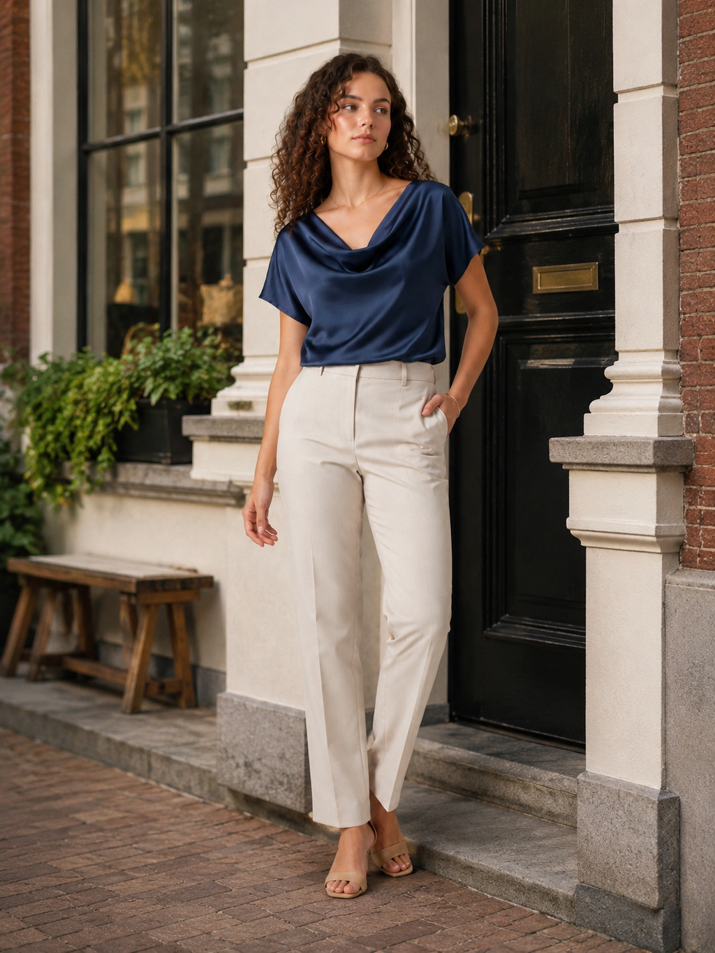 Navy draped-neck blouse with short sleeves, worn with light trousers