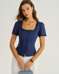 Navy square-neck cotton-linen blouse with lace trim and button front