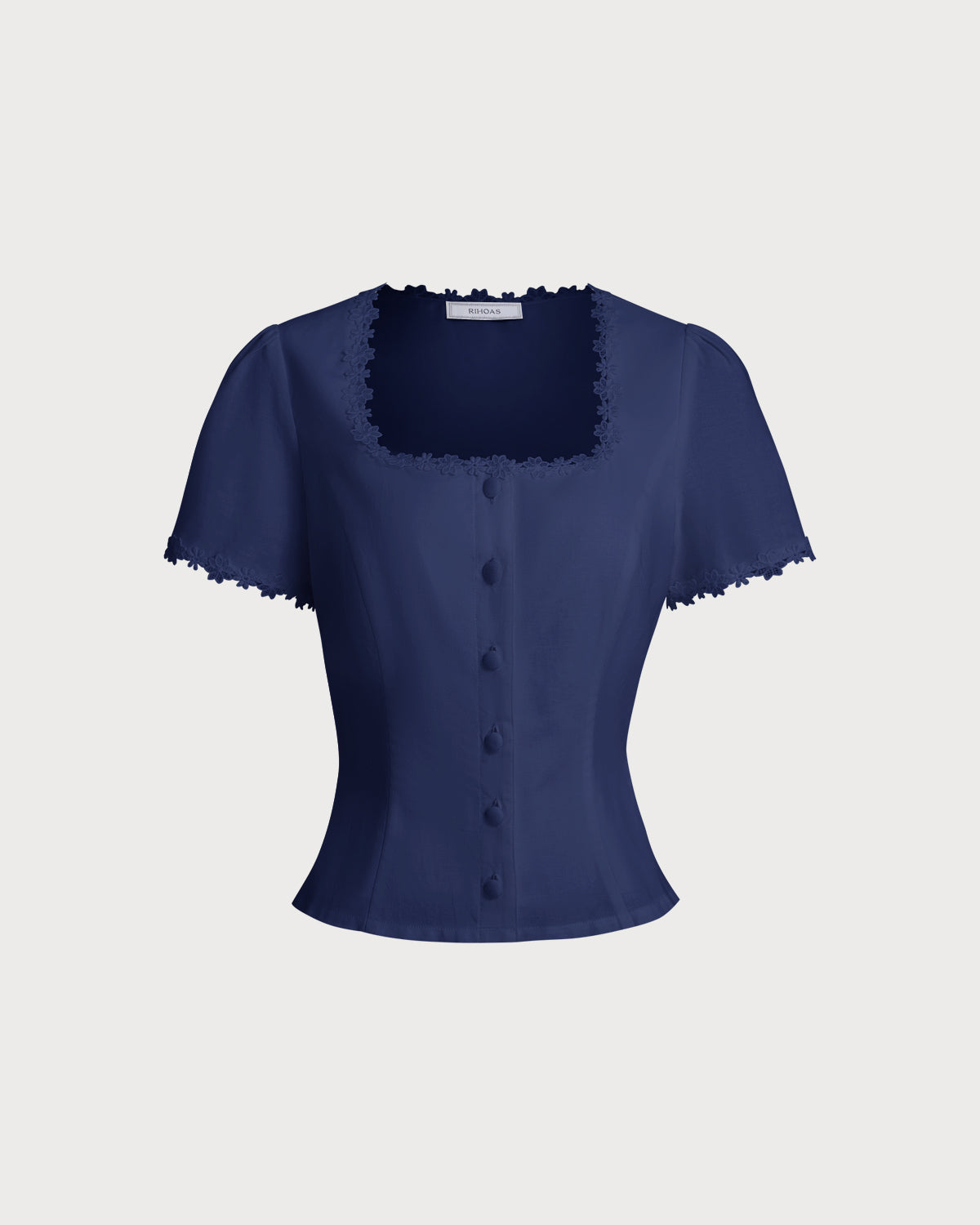 Navy square-neck blouse with lace-trim edge and short sleeves