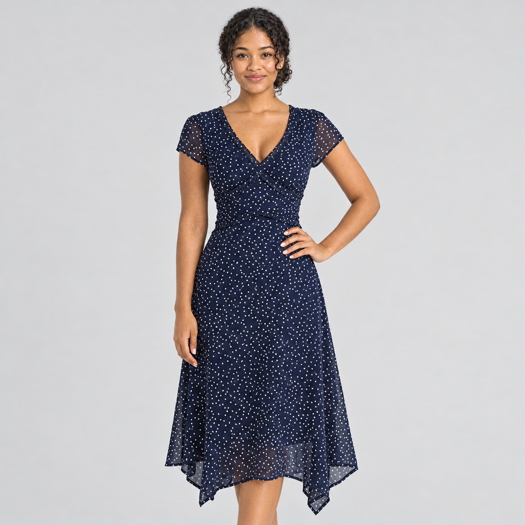Navy white-dot wrap midi dress on model, hand on hip, handkerchief hem
