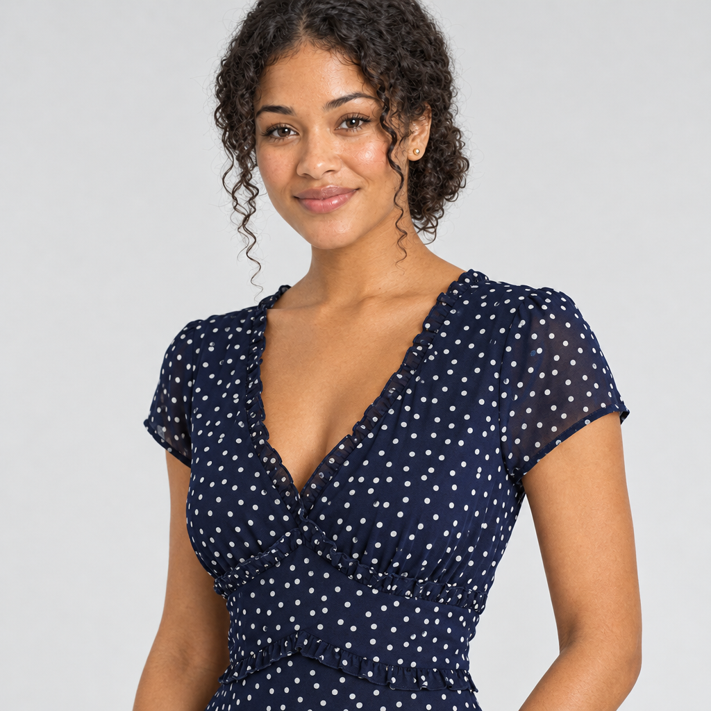 Close view of navy dot wrap dress V-neck, ruched bodice and cap sleeve