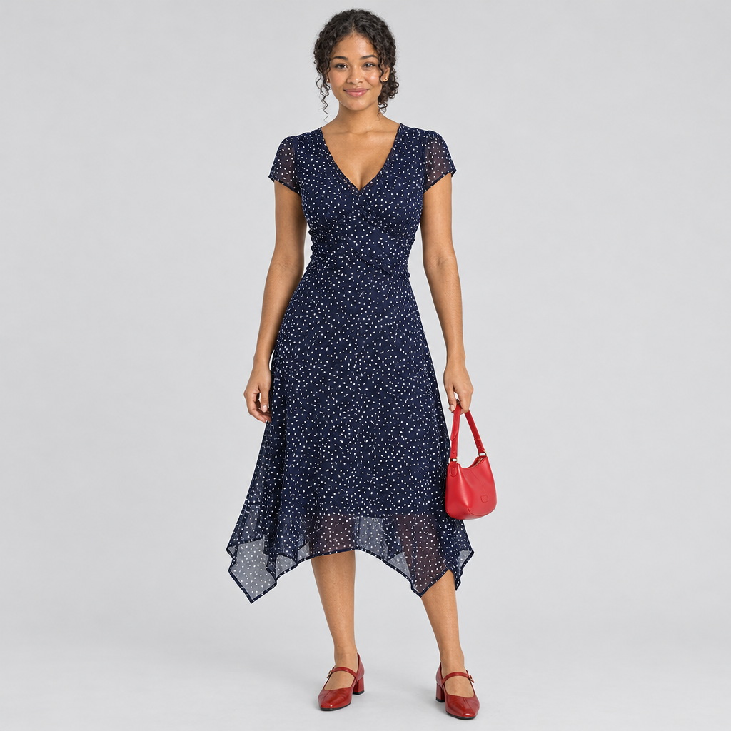 Navy cap-sleeve wrap midi dress full-length front view with red bag