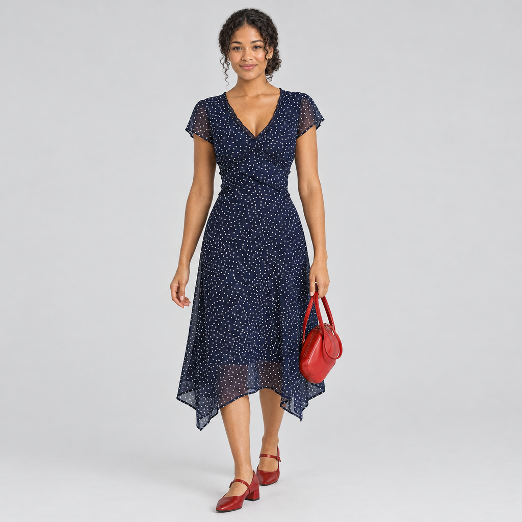 Navy dot print wrap dress three-quarter view mid-step, asymmetric chiffon hem