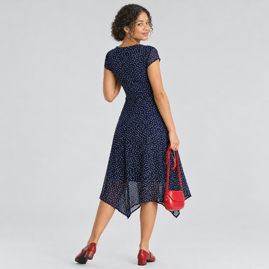 Back view of navy white-dot wrap midi dress on model with red heels