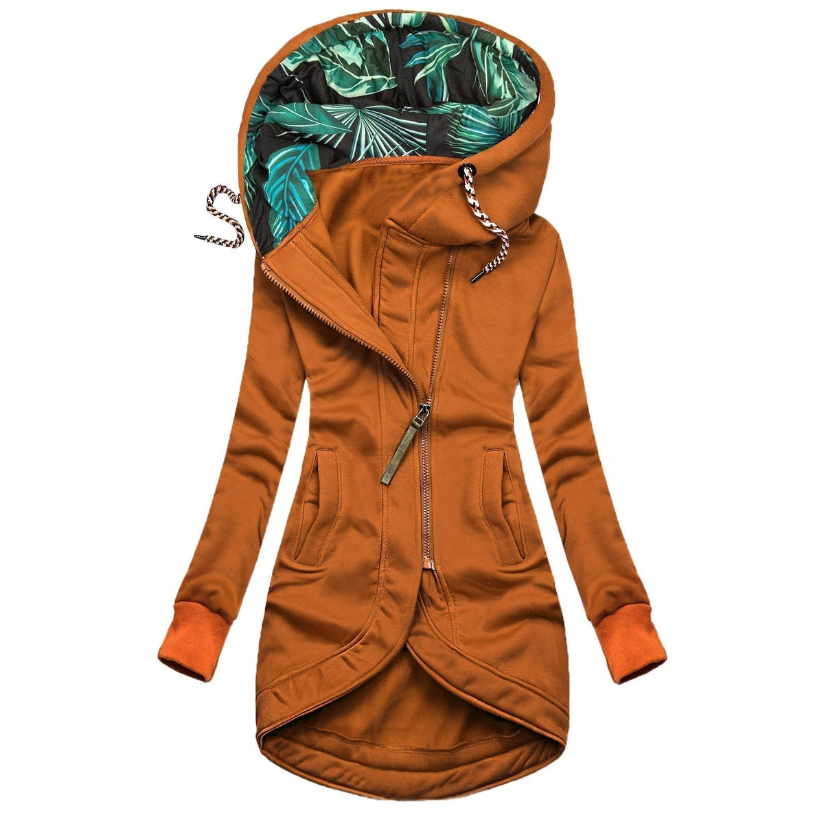 Burnt orange women’s hooded jacket with green printed hood lining, asymmetric zip, high-low hem.