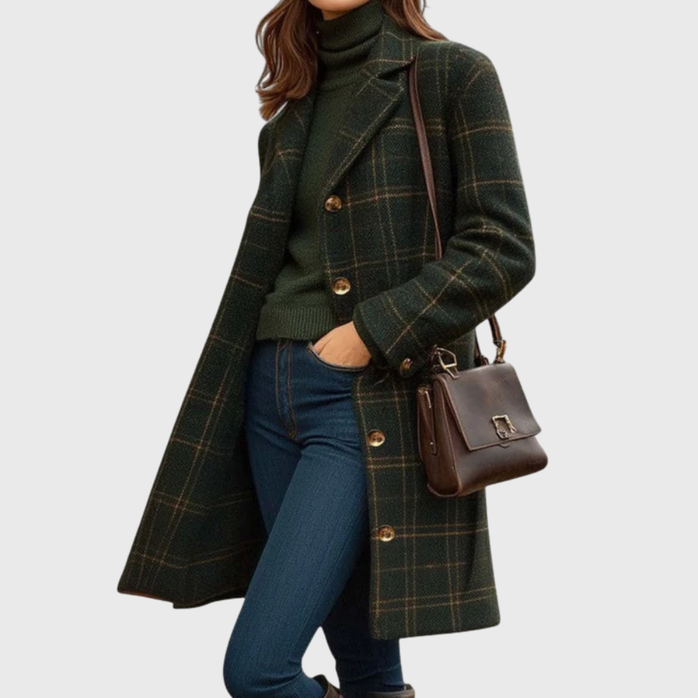 Green plaid longline coat with notched lapels and button front, long flared skirt