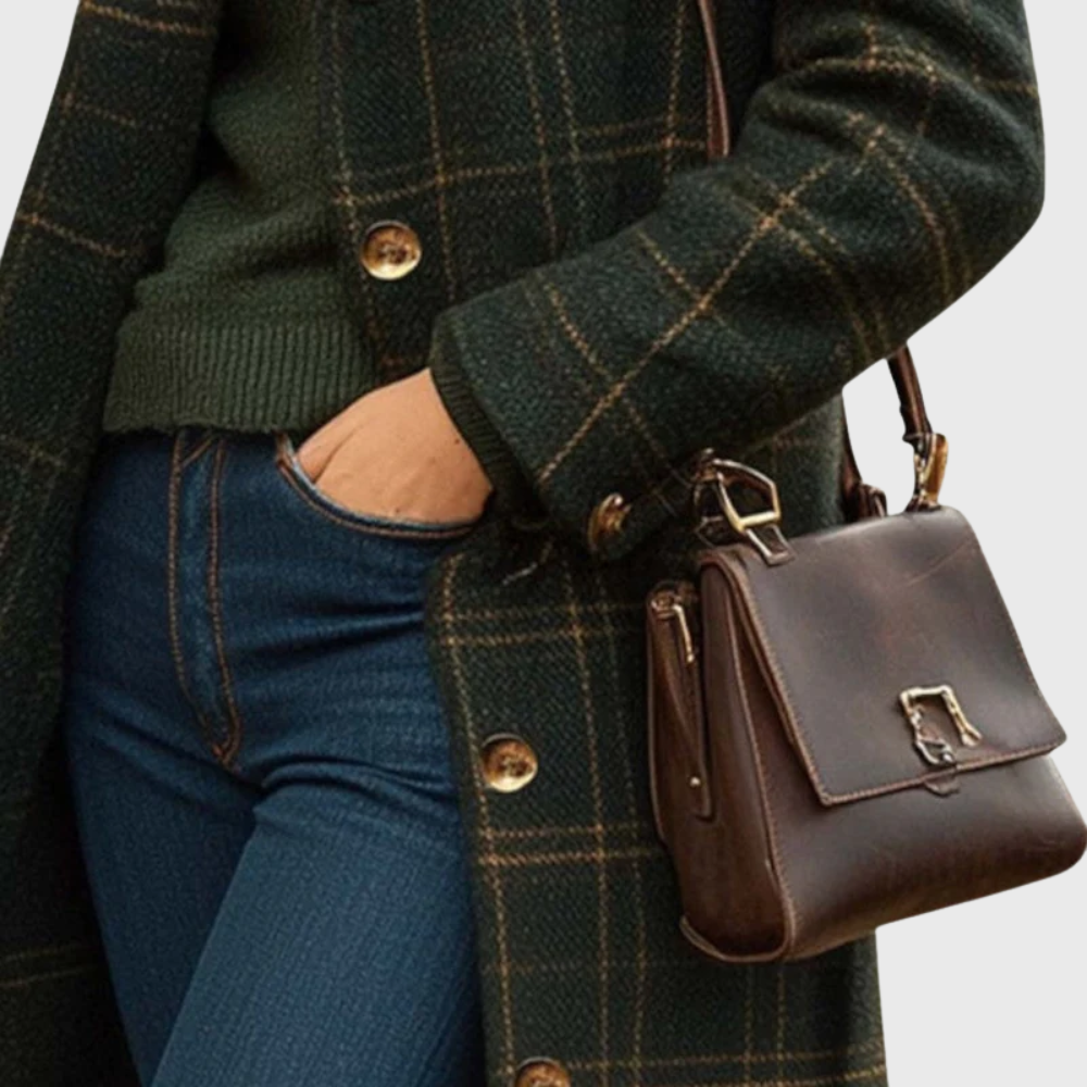 Green plaid longline button-up coat with gold buttons and ribbed hem cuff