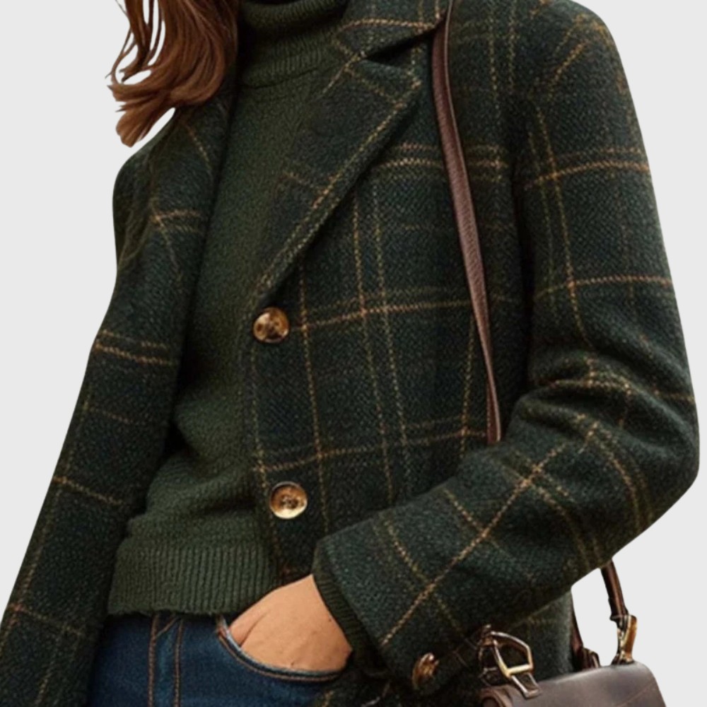 Green plaid longline coat with notched lapels and button front, ribbed knit hem