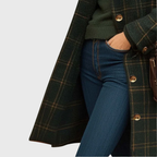 Green plaid longline button-up coat, long A-line hem and gold button front