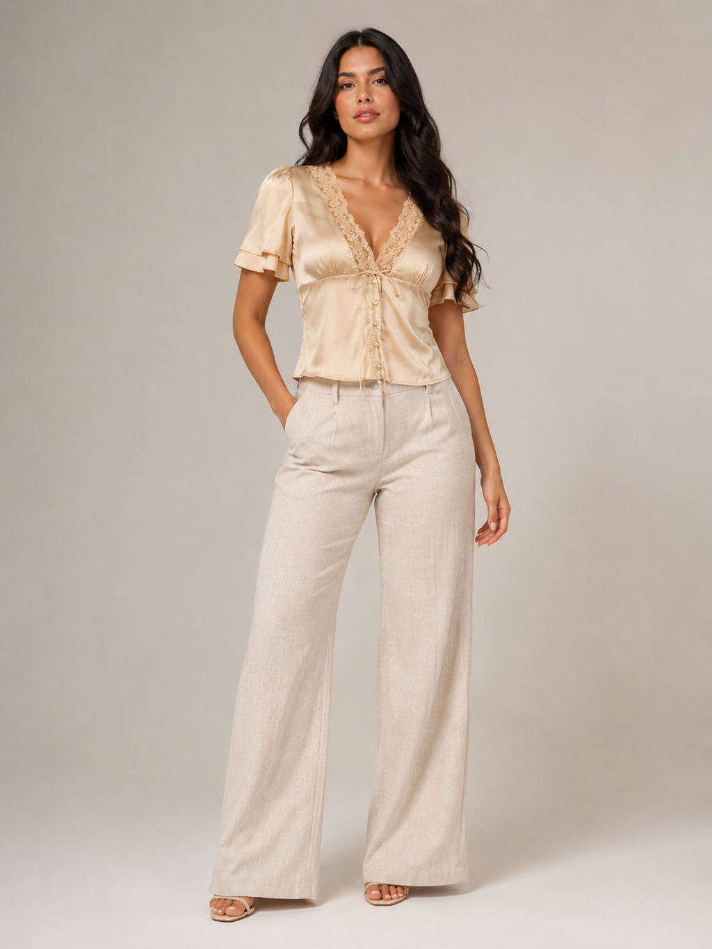 Champagne lace-trim slim-fit short-sleeve top with front button placket and tie detail