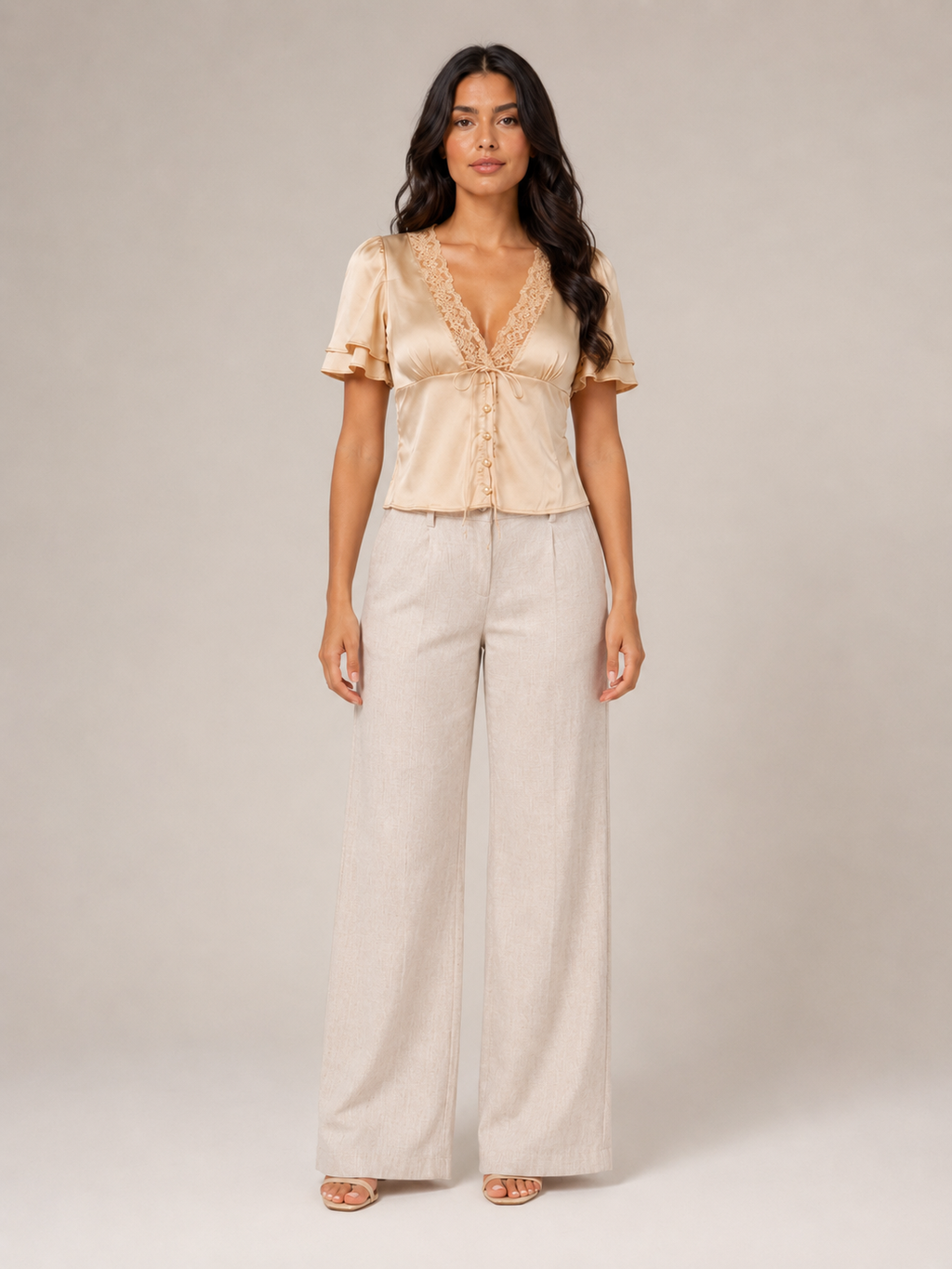 Champagne lace-trim slim-fit short-sleeve top with V neckline and front buttons
