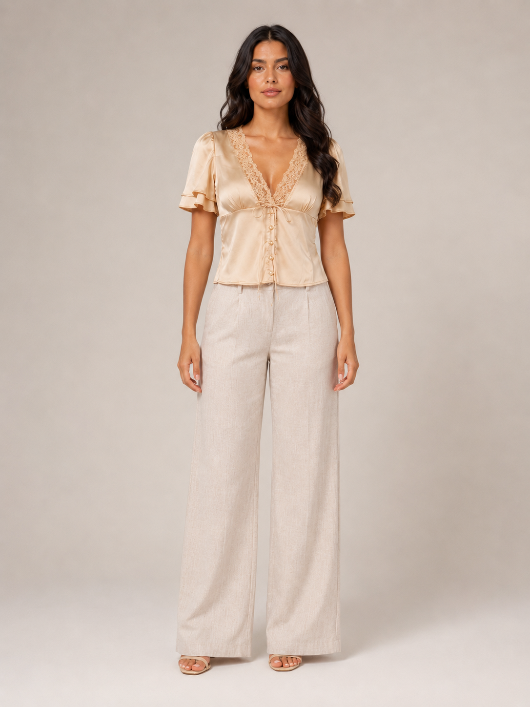 Champagne lace-trim slim-fit short-sleeve top with V neckline and front buttons