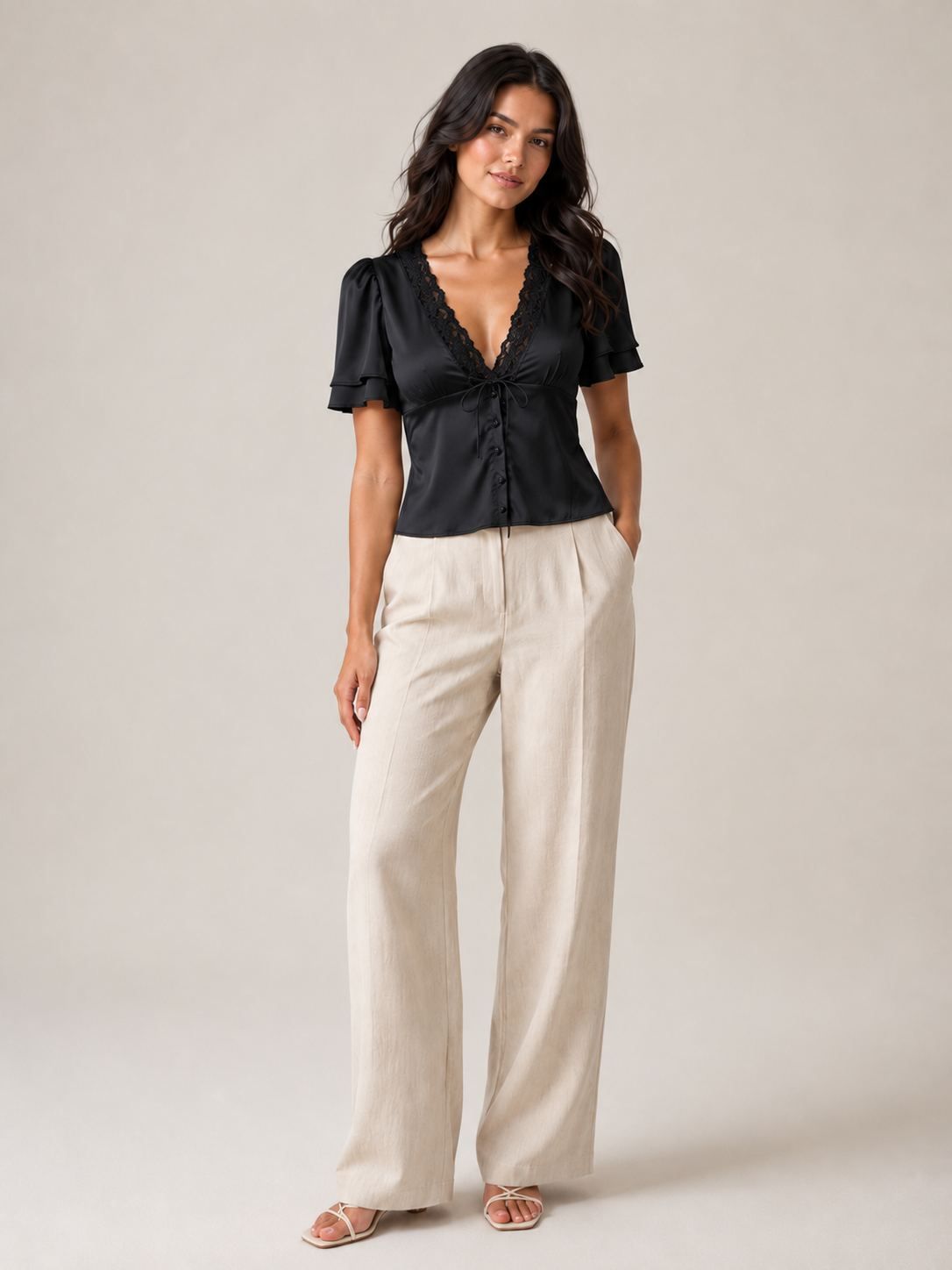 Black slim-fit top with lace V-neck and short sleeves, button-front