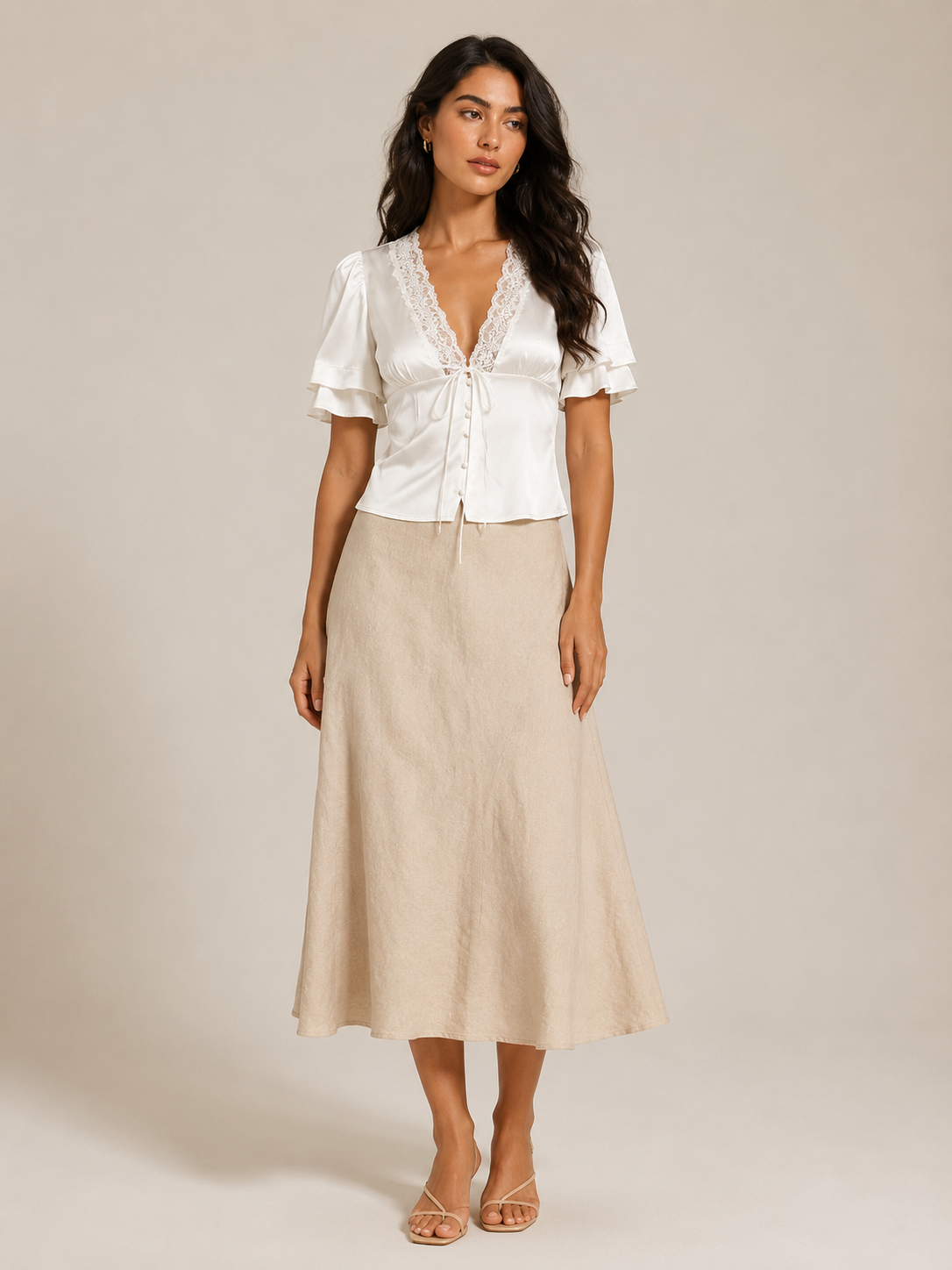 White slim-fit top with lace V-neck and short sleeves, button-front