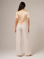 Champagne satin slim-fit short-sleeve top with lace back neckline and gathered waist tie