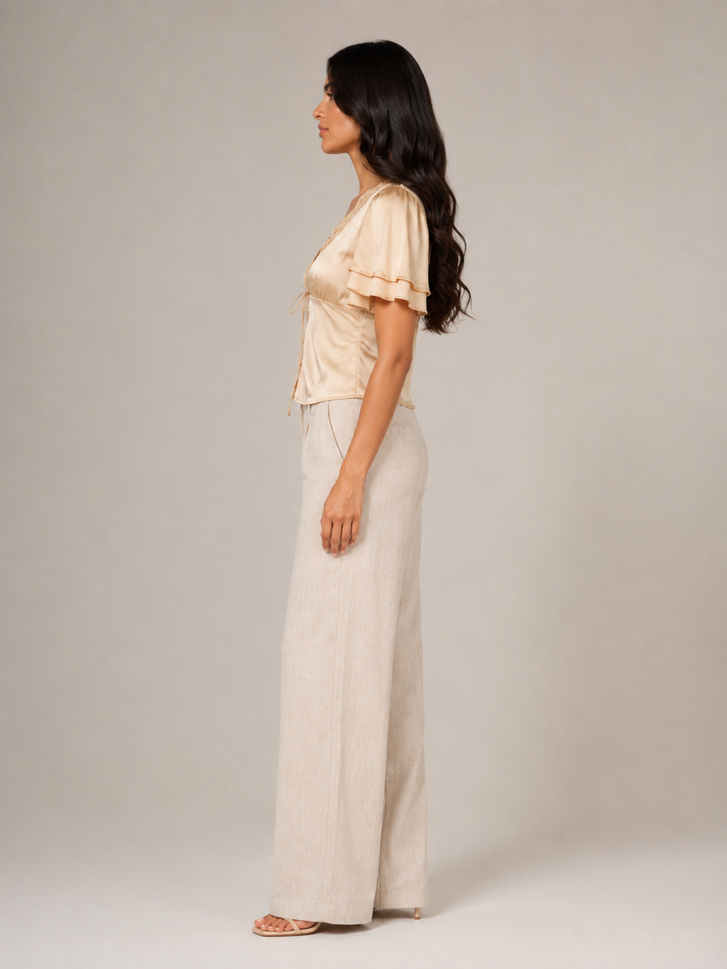 Champagne satin slim-fit short-sleeve top with lace neckline and short gathered cuff