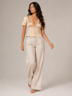 Champagne lace-trim slim-fit short-sleeve top with V neckline and front button closure