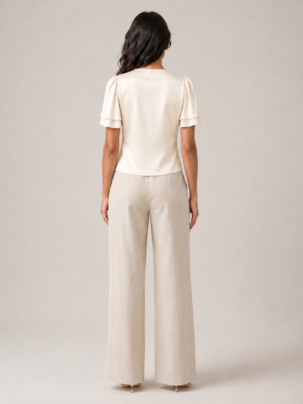Cream satin slim-fit short-sleeve top with lace-trim back neckline and short gathered sleeves