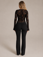 Black lace square-neck top with flared sleeves, back view with lace yoke