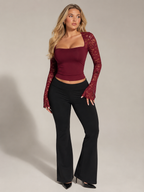 Bordeaux square-neck lace top with flared long sleeves, fitted front