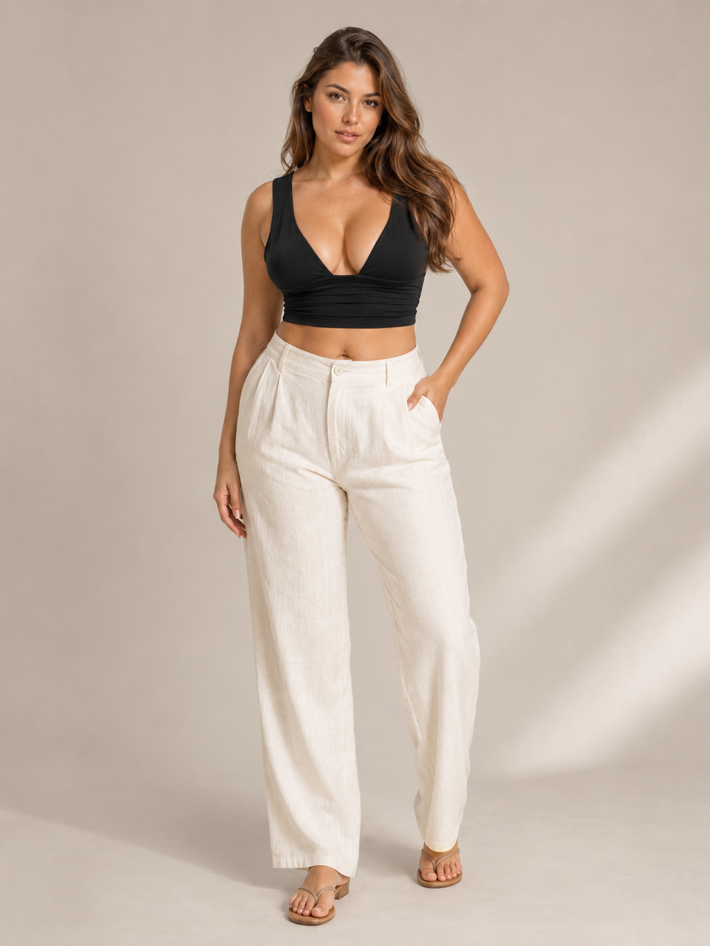 Black V-neck wide-strap crop top with ruched bust detail