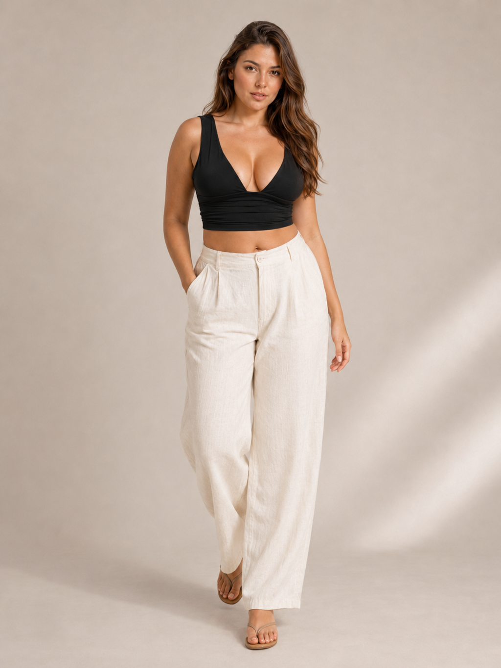 Black V-neck wide-strap crop top with ruched bust detail, full front