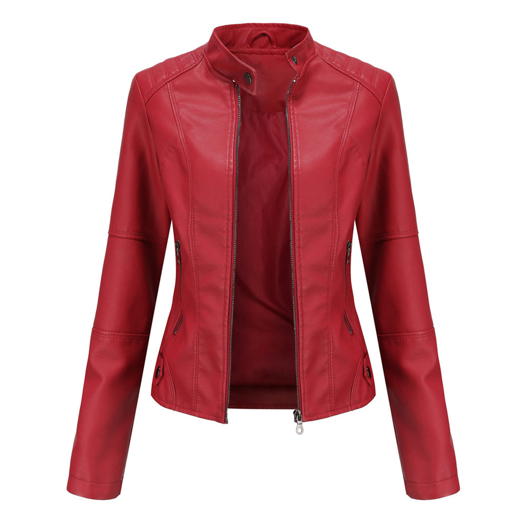Red women’s zip-up stand-collar leather-look jacket with center zipper and side zips
