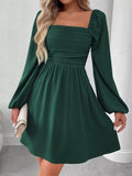 Riona A-Line Dress | Ruched Square Neck, Long Sleeve