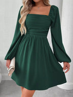 Riona A-Line Dress | Ruched Square Neck, Long Sleeve