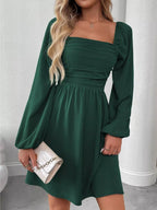 Riona A-Line Dress | Ruched Square Neck, Long Sleeve