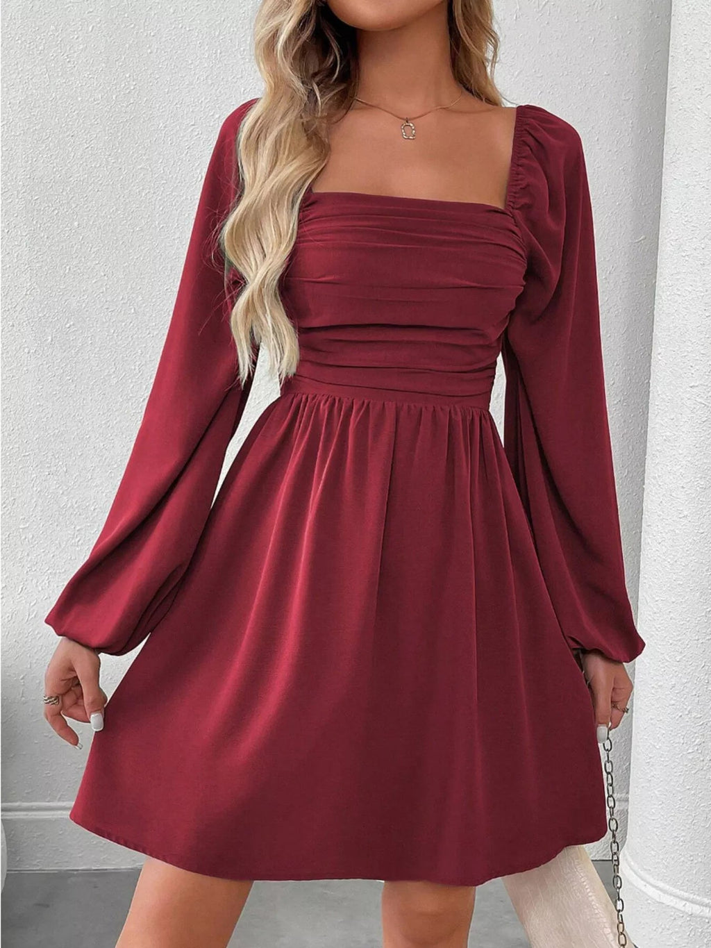 Riona A-Line Dress | Ruched Square Neck, Long Sleeve
