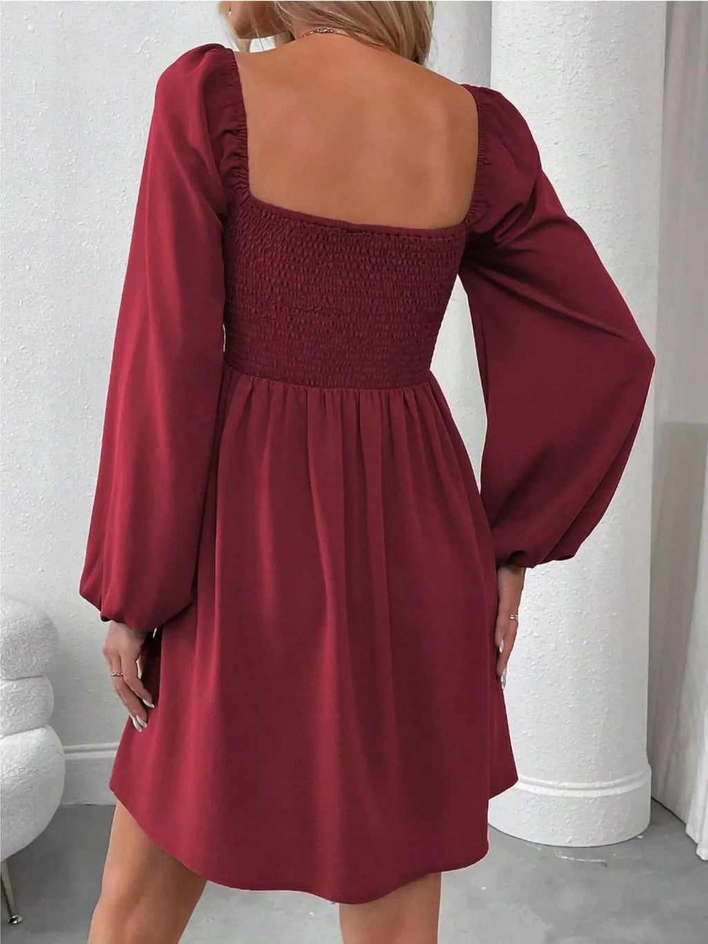 Riona A-Line Dress | Ruched Square Neck, Long Sleeve