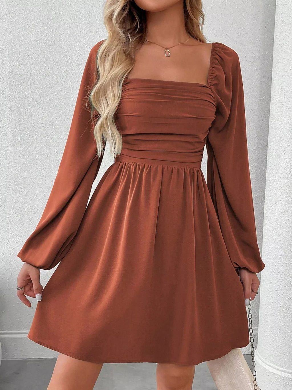Riona A-Line Dress | Ruched Square Neck, Long Sleeve