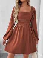 Riona A-Line Dress | Ruched Square Neck, Long Sleeve