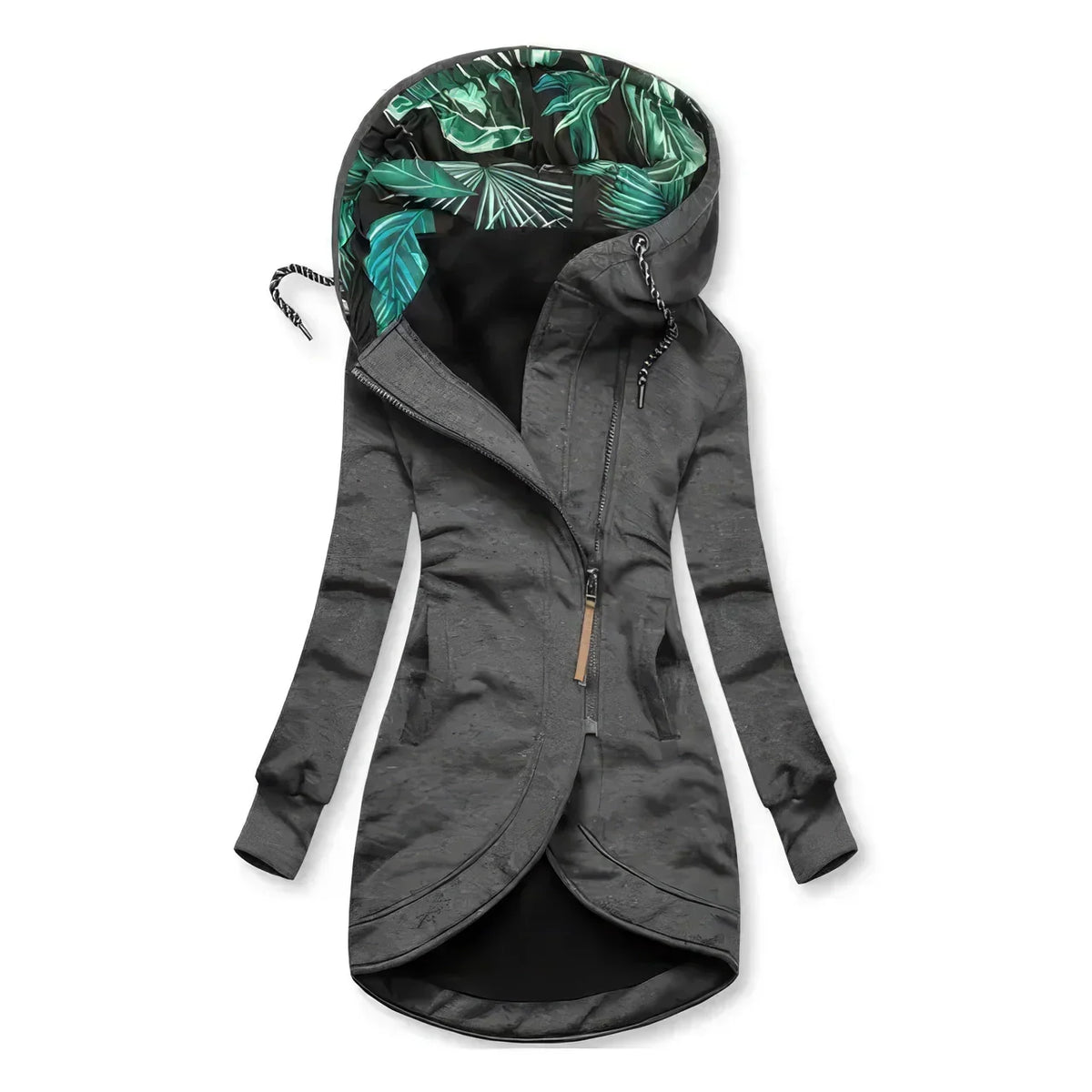 Grey women’s hooded jacket with green printed hood lining, asymmetric zip, high-low hem.