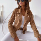 Tan suede-look biker jacket with lapel collar, asym zip and zip pockets