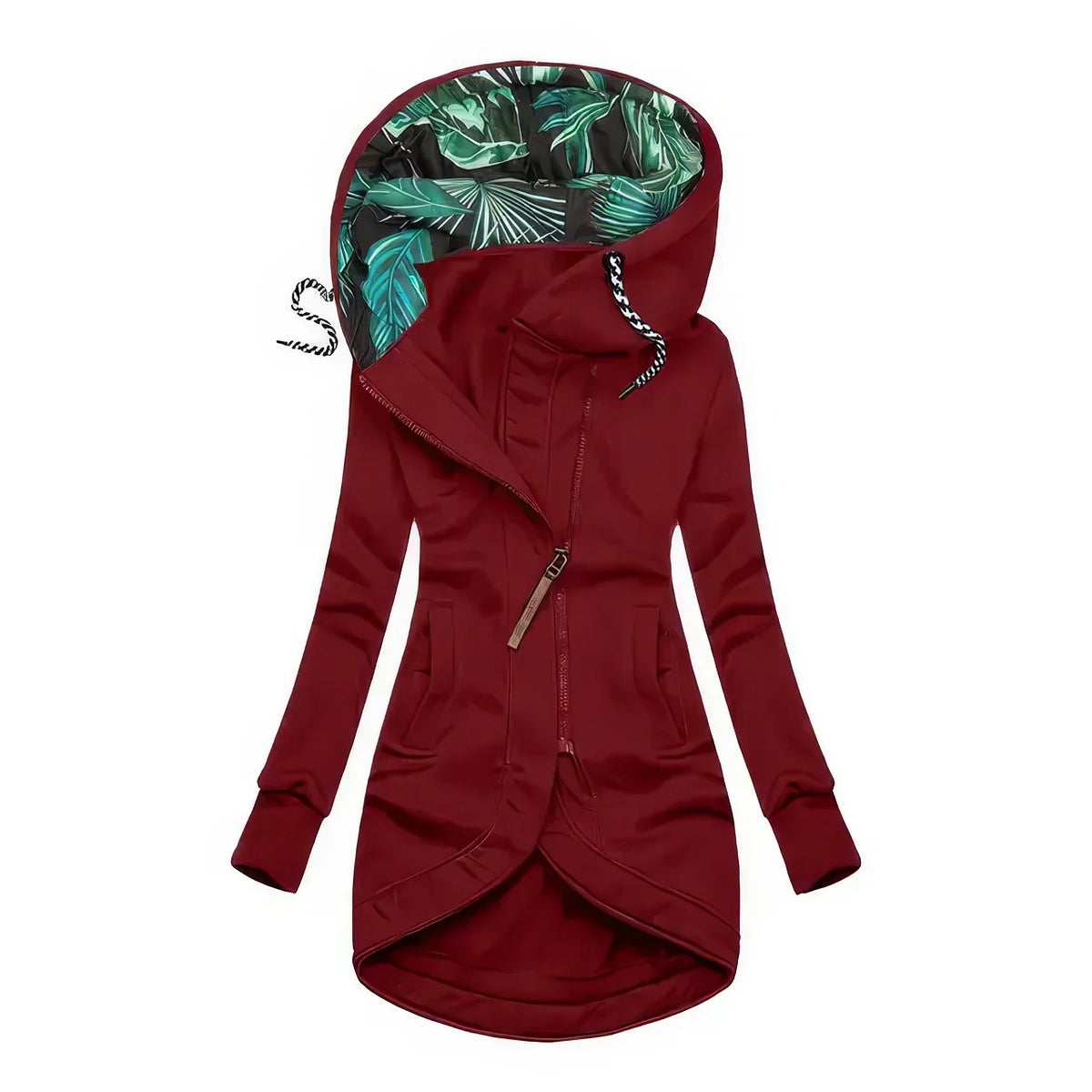 Burgundy women’s hooded jacket with green printed hood lining, asymmetric zip, high-low hem.
