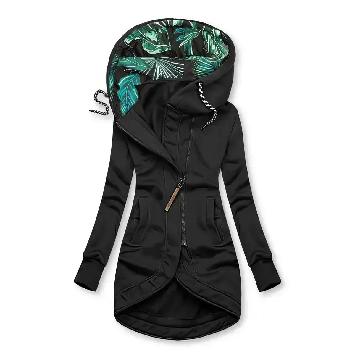 Black women’s hooded jacket with green printed hood lining, asymmetric zip, high-low hem.