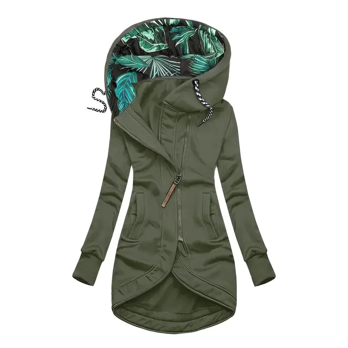 Olive green women’s hooded jacket with green printed hood lining, asymmetric zip, high-low hem.