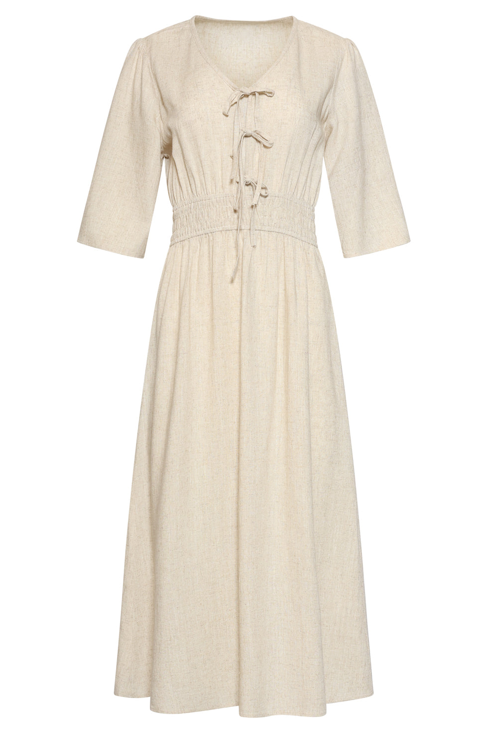Sand midi dress with lace-up V-neck bodice, elastic waistband, and three-quarter sleeves