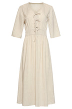 Sand midi dress with lace-up V-neck bodice, elastic waistband, and three-quarter sleeves
