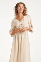 Sand midi dress with lace-up V-neck and gathered elastic waist, three-quarter sleeves