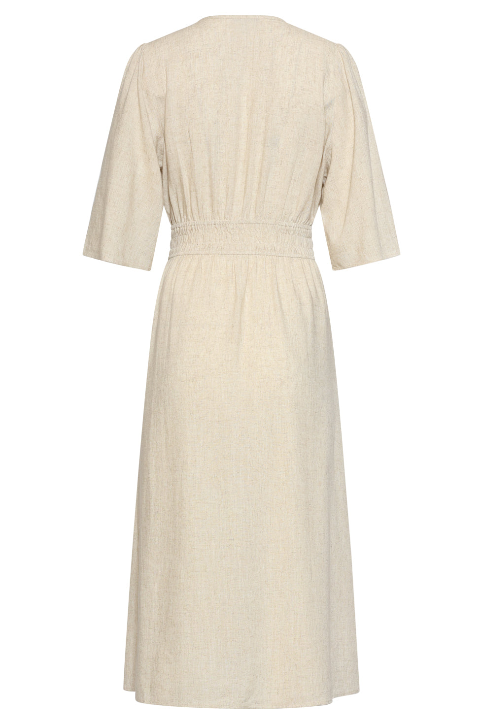 Sand midi dress back view with elastic waistband and three-quarter sleeves