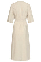 Sand midi dress back view with elastic waistband and three-quarter sleeves